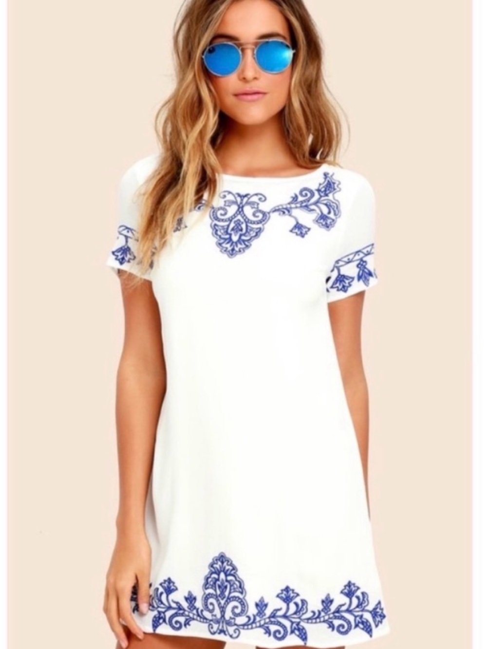 Lulus White Dress With Blue Embroidered Flowers Zip Back XS